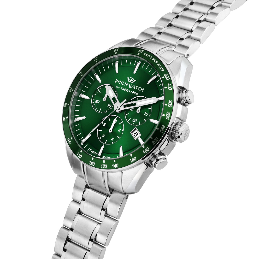 Philip Watch Blaze Sport R8273995019 - Chronograaf Swiss Made Herenhorloge - 42 MM - Zilver/Groen
