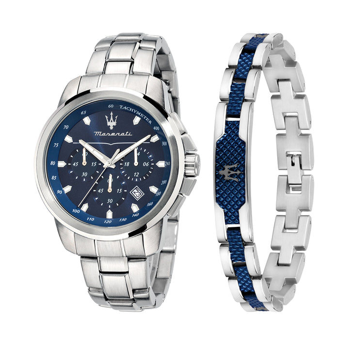 Maserati Successo R8851121016 - Chronograaf Herenhorloge - 44 MM - Zilver blauw - Cadeauset met Armband