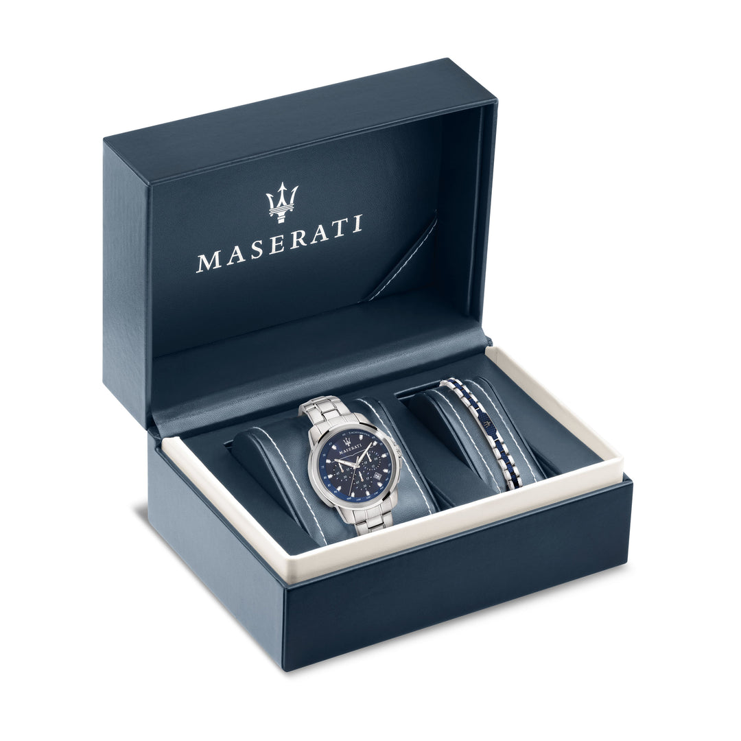 Maserati Successo R8851121016 - Chronograaf Herenhorloge - 44 MM - Zilver blauw - Cadeauset met Armband