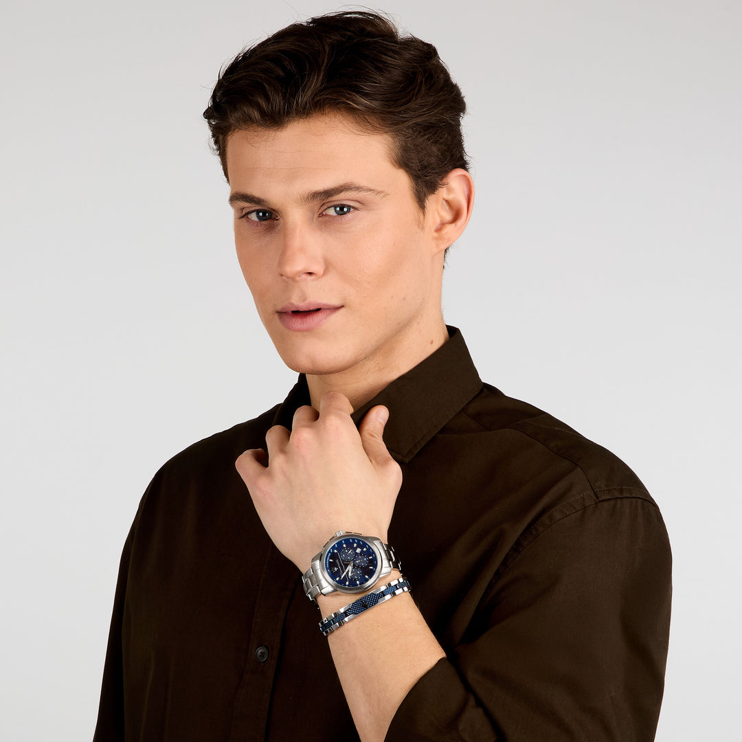 Maserati Successo R8851121016 - Chronograaf Herenhorloge - 44 MM - Zilver blauw - Cadeauset met Armband