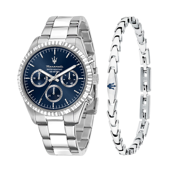 Maserati Competizione watch R8853100047 - Heren horloge + armband giftset - 43 mm - Zilver Blauw