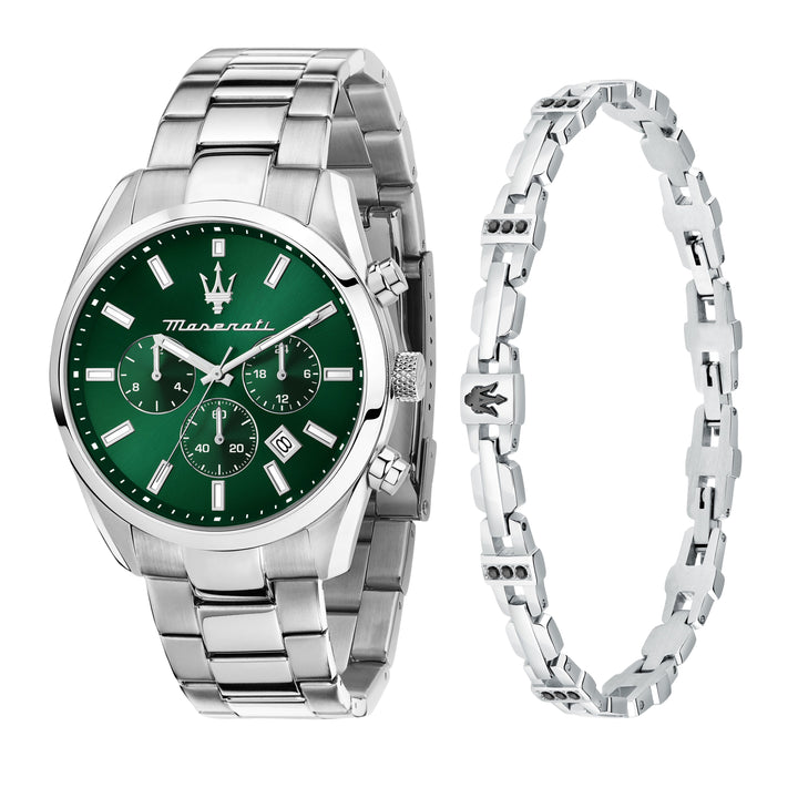 Maserati Attrazione R8853151017 - Chronograaf Herenhorloge Giftset + Armband - 43 mm - Zilver Groen