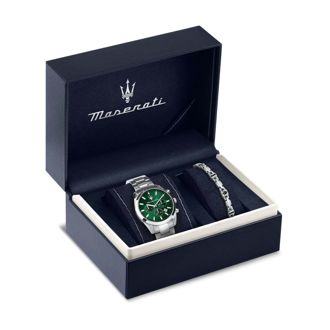 Maserati Attrazione R8853151017 - Chronograaf Herenhorloge Giftset + Armband - 43 mm - Zilver Groen