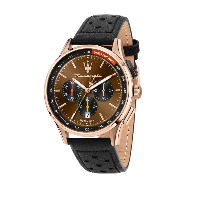 Maserati Sorpasso watch R8871624011 - Chronograaf Herenhorloge - Bruin/Rosegoud - Zwarte Lederen Band - 42 MM
