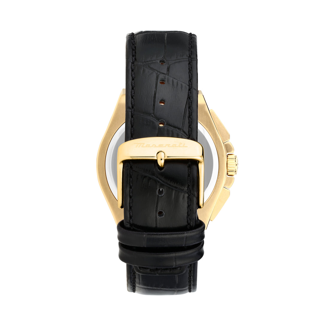 Maserati chronograaf horloge achterkant met logo op gesp sluiting