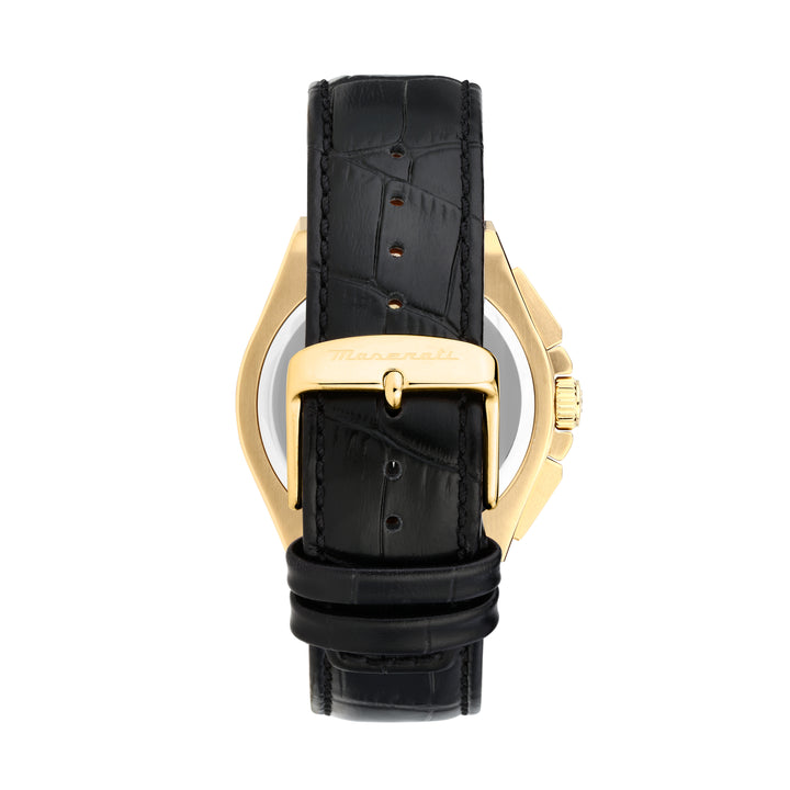 Maserati chronograaf horloge achterkant met logo op gesp sluiting