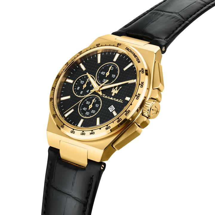 Maserati Velocita horloge detail wijzerplaat chronograaf zwart met goud 