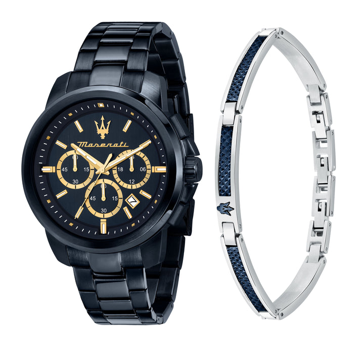 Maserati Successo R8873621042 - Herenhorloge + armband Giftstet - 44 mm - Blauw Goud Zilver
