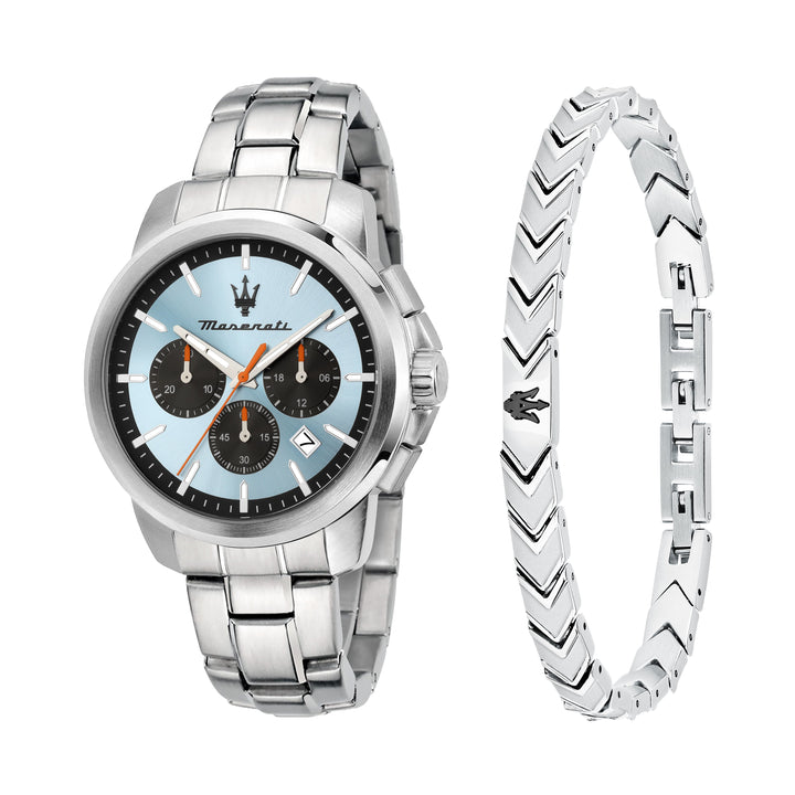 Maserati Successo R8873621045 - Kwarts Herenhorloge Giftset + Armband - 42 mm - Zilver Lichtblauw