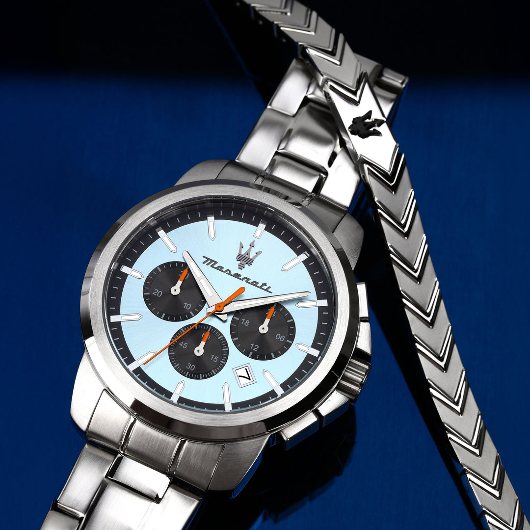Maserati Successo R8873621045 - Kwarts Herenhorloge Giftset + Armband - 42 mm - Zilver Lichtblauw