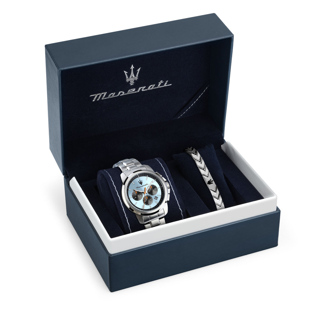 Maserati Successo R8873621045 - Kwarts Herenhorloge Giftset + Armband - 42 mm - Zilver Lichtblauw