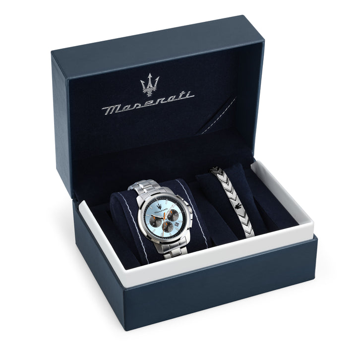 Maserati Successo R8873621045 - Kwarts Herenhorloge Giftset + Armband - 42 mm - Zilver Lichtblauw