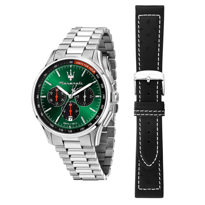 Maserati Sorpasso R8873624002 - Chronograaf Herenhorloge Special Edition - 42 mm - Zilver Groen Zwart + 2 Straps