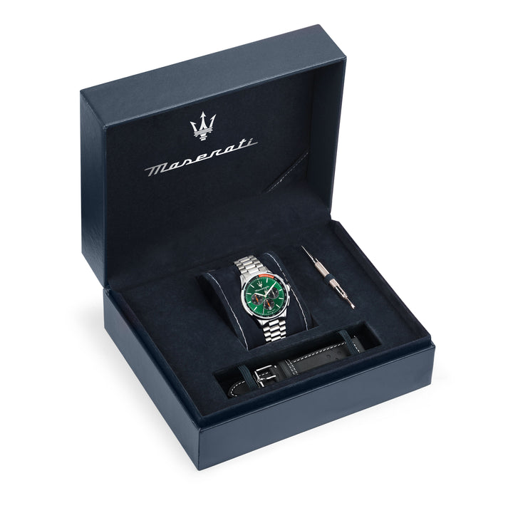 Maserati Sorpasso R8873624002 - Chronograaf Herenhorloge Special Edition - 42 mm - Zilver Groen Zwart + 2 Straps