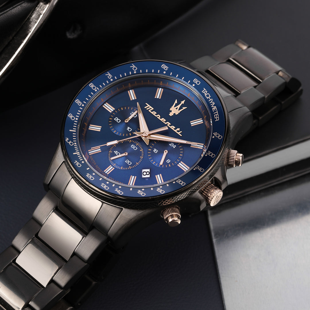 Maserati Sfida R8873640001 - Chronograaf Herenhorloge - 44 MM - Gunmetal/blauw/roségoud