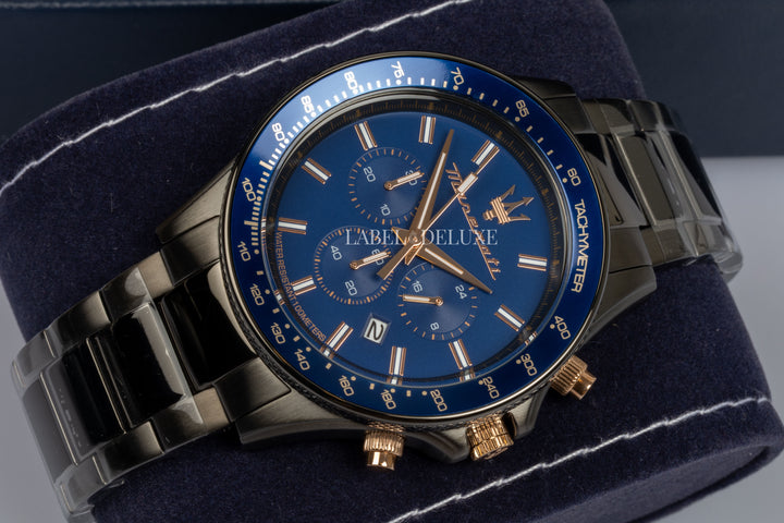 Maserati Sfida R8873640001 - Chronograaf Herenhorloge - 44 MM - Gunmetal/blauw/roségoud