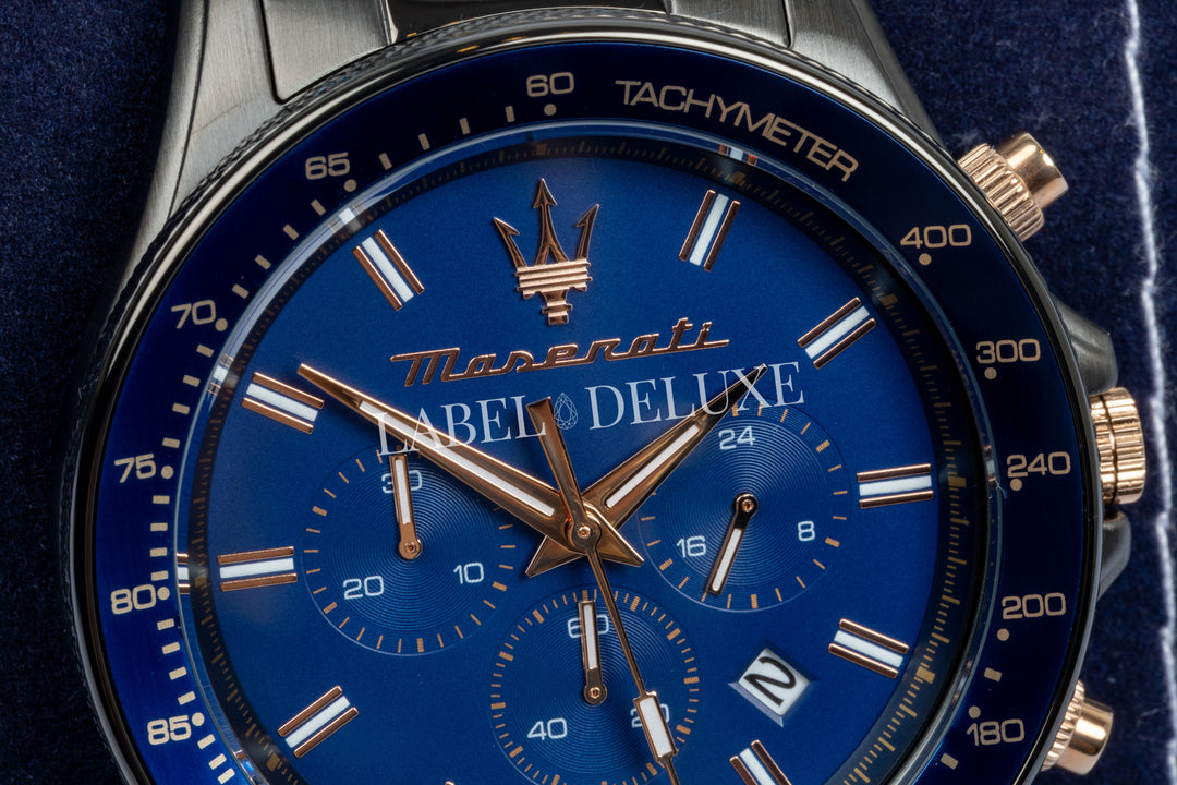 Maserati Sfida R8873640001 - Chronograaf Herenhorloge - 44 MM - Gunmetal/blauw/roségoud
