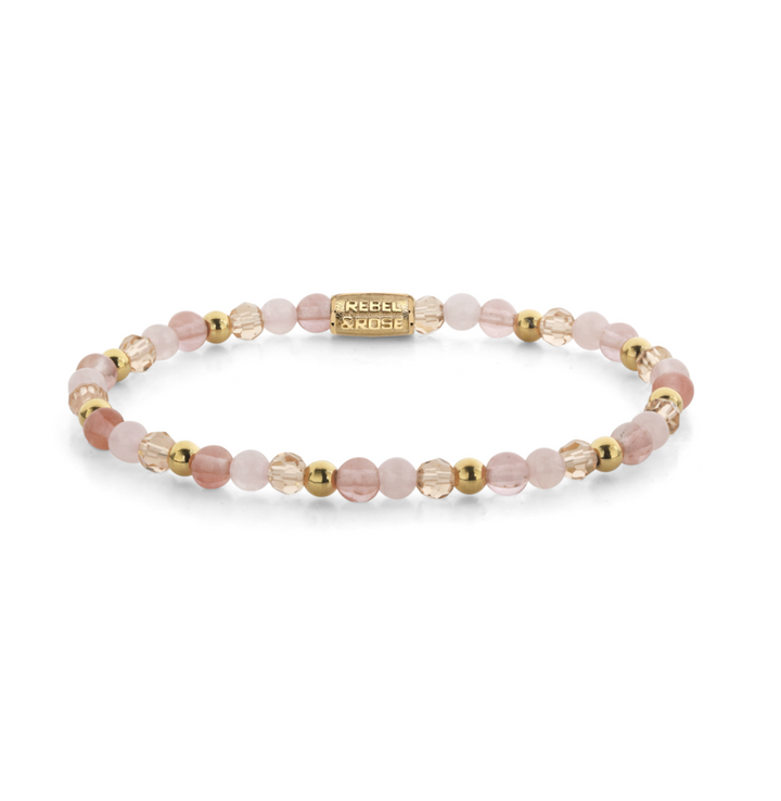 Rebel & Rose RR-40165-G-S Roses and Cherry Glam Rocks - Damesarmband - Roze/Goud - Maat S (±16 cm) - 4 MM