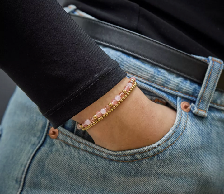 Rebel & Rose RR-40165-G-S Roses and Cherry Glam Rocks - Damesarmband - Roze/Goud - Maat S (±16 cm) - 4 MM