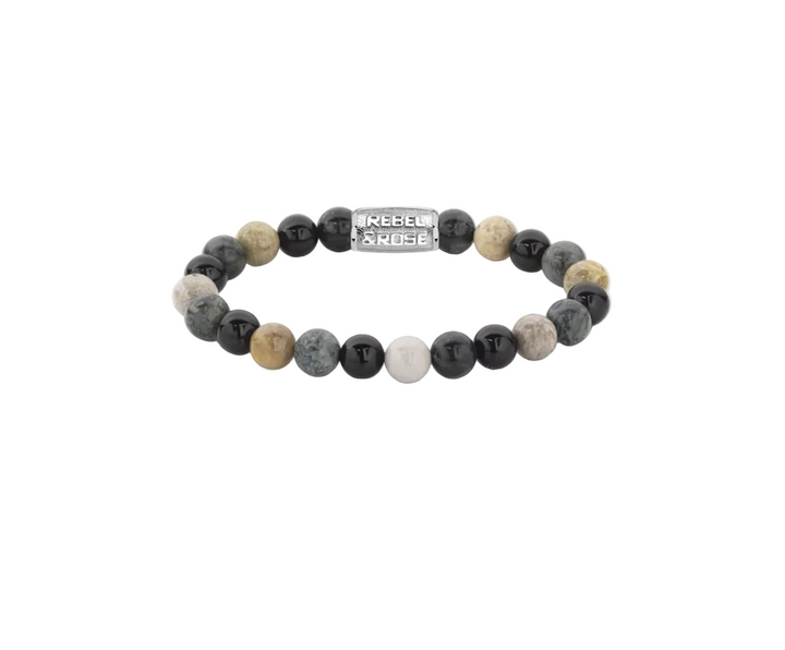 Rebel & Rose RR-80051-S-L Autumn Storm - Kralen Armband - Maat L (±19 cm) - 8 mm - Zwart/Groen/Beige Onyx