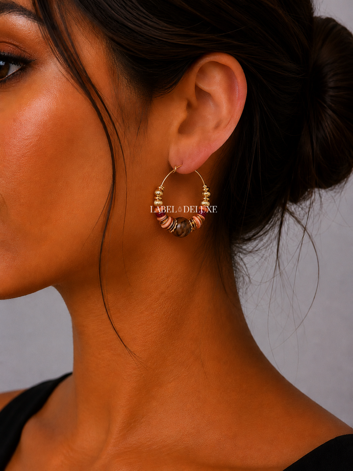 Gas Bijoux Earrings 475136 - Dames Oorbellen - Aloha Creole Hoops Mini - Bruin / Coral / Goud - 3 CM