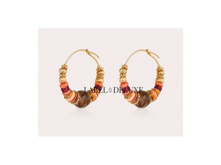 Gas Bijoux Earrings 475136 - Dames Oorbellen - Aloha Creole Hoops Mini - Bruin / Coral / Goud - 3 CM