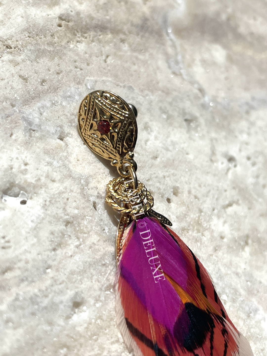 Gas Bijoux 244876_RP - Sao Feathers - Dames Oorbellen - Ruby Red Oranje Roze Goud - 5,5 CM