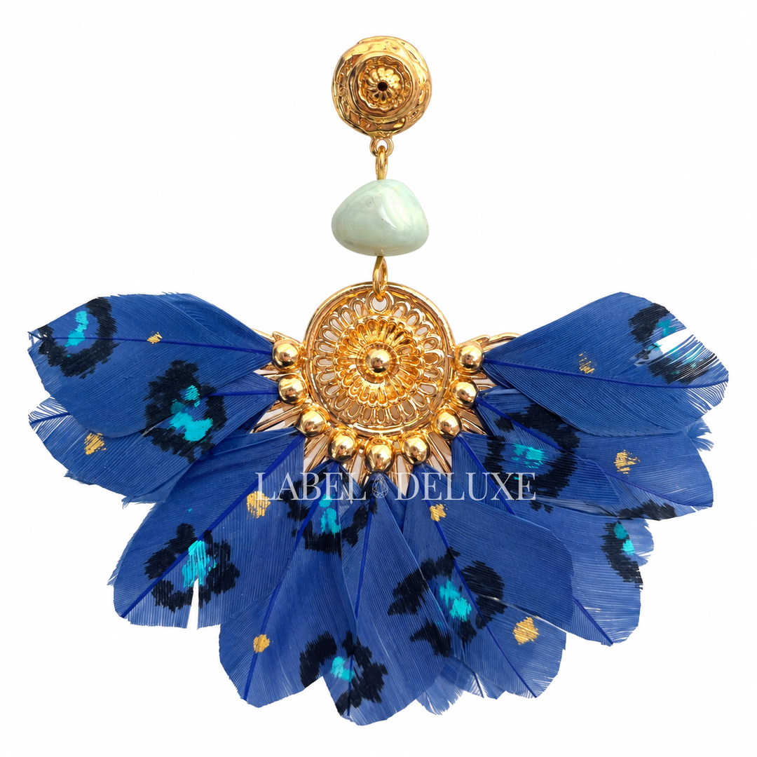 Gas Bijoux earrings 244859 - Dames Oorbellen - Gaia Plume feathers - Blauw goud - 7.9 CM