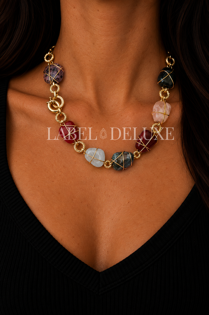Gas Bijoux Ketting -  691007 - Rainbow Multi Stone Necklace - Edelstenen - Goudkleurig - 42 CM