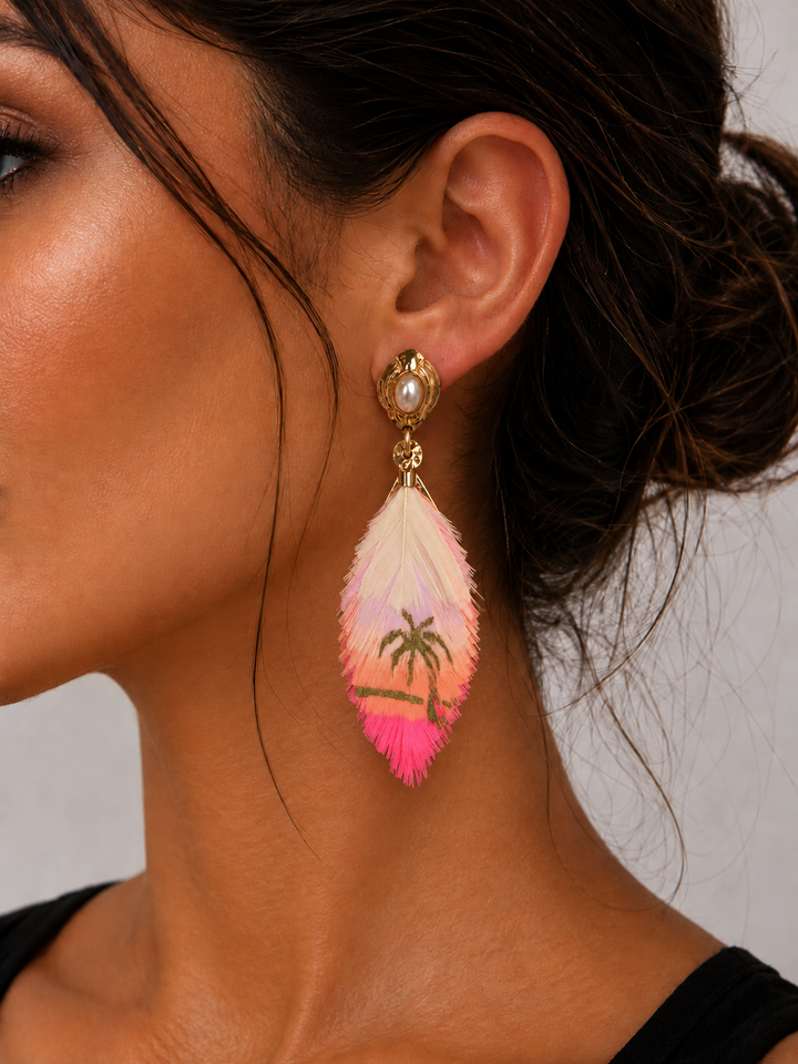 Sao Feathers palmtree 162160 - Dames Oorbellen - Geel / Oranje / Roze / Goud
