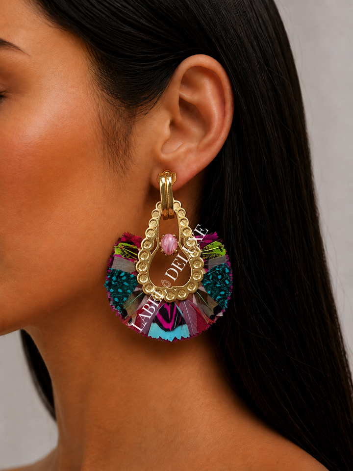 Gas Bijoux Earrings 653248 - Dames Oorbellen - Fortaleza Veren - roze blauw goud - 6,5 CM