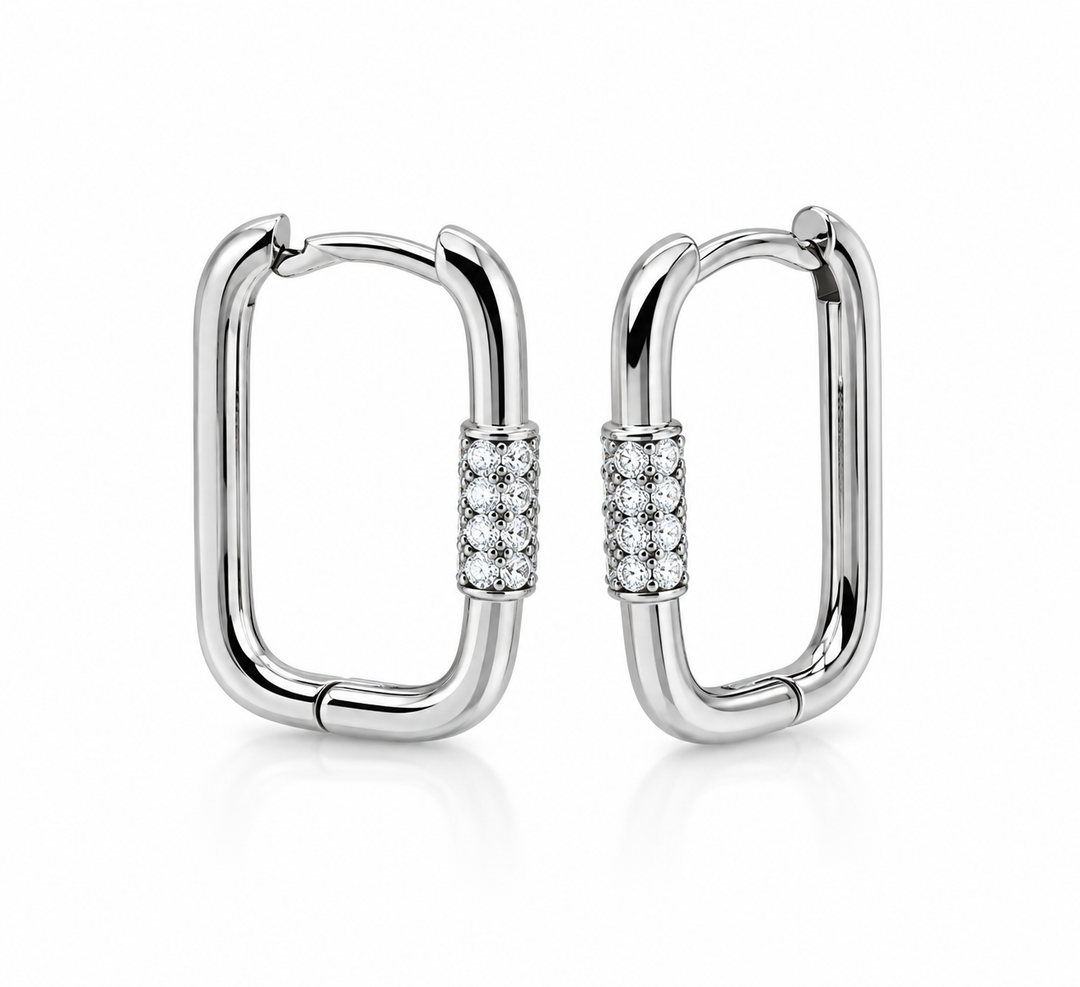 Karma Jewelry earrings - Dames Oorbellen - Hinged Hoops Square Rectangular Zirconia - Zilver - 2 CM