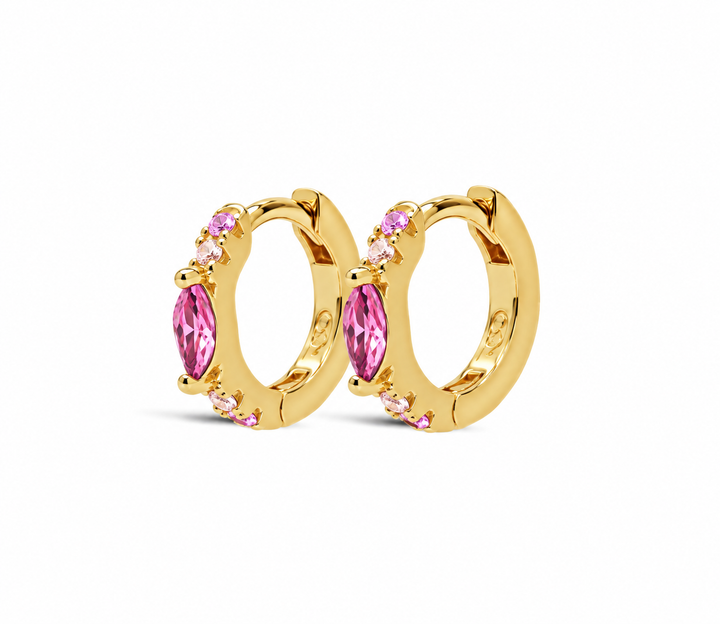 Karma Jewelry Oorbellen H162GP_RR - Dames Oorbellen - Earrings Hoops Oval Dots - 925 Sterling Zilver - 14K Gouden Plating - Ruby Red Roze Goud  12 MM