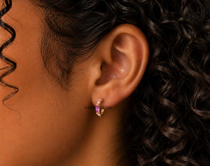Karma Jewelry Oorbellen H162GP_RR - Dames Oorbellen - Earrings Hoops Oval Dots - 925 Sterling Zilver - 14K Gouden Plating - Ruby Red Roze Goud  12 MM