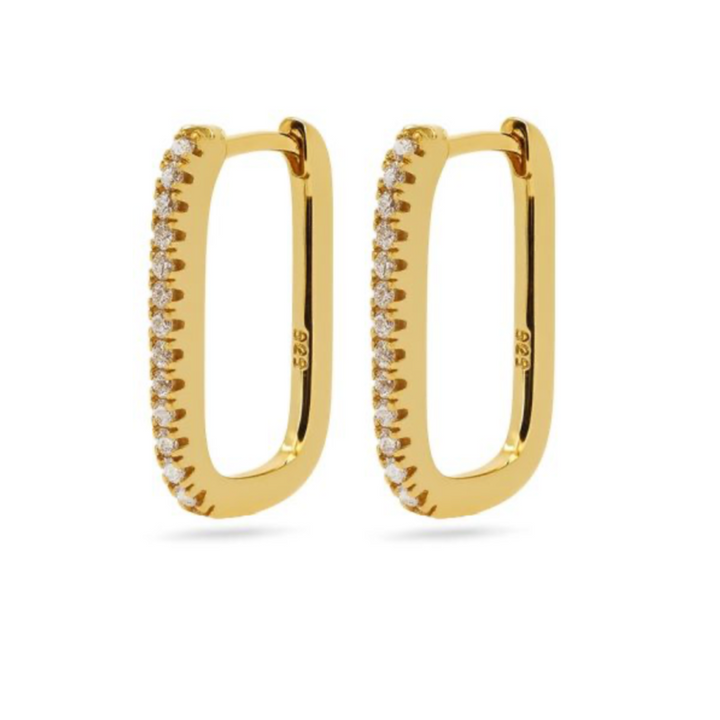 Karma Jewelry Earrings M3178GP - Plain Zirconia Hinged Hoops Round Square - Oorbellen Dames - 925 Sterling Zilver - 14K Gouden Plating - 20 MM