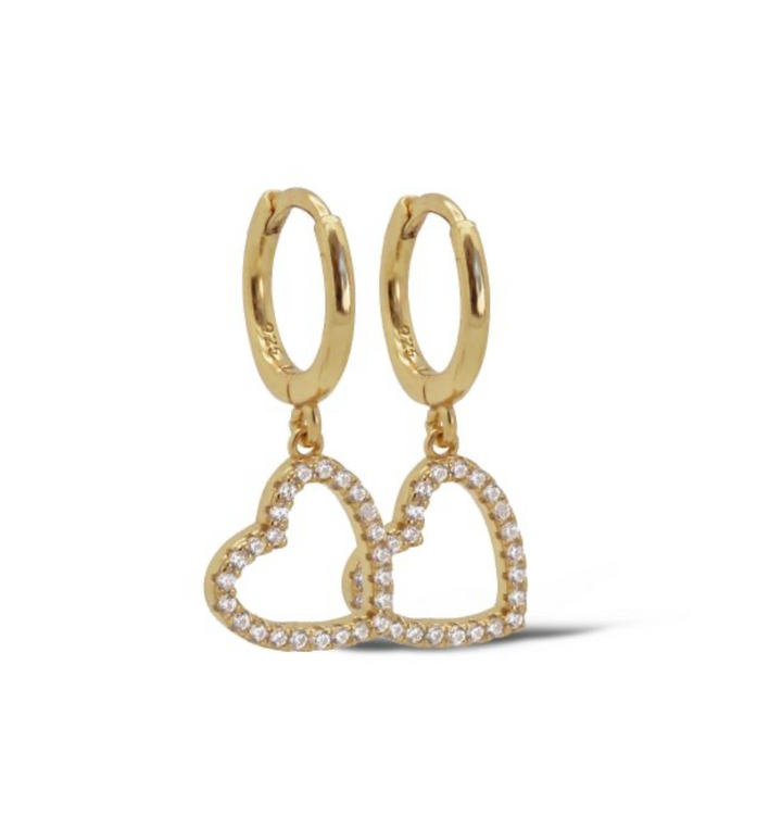Karma Jewelry A117 - Earrings HEART OPEN STONES - Oorbellen Dames - 925 Sterling Zilver - 14K Gouden Plating - Goudkleurig - 23 MM