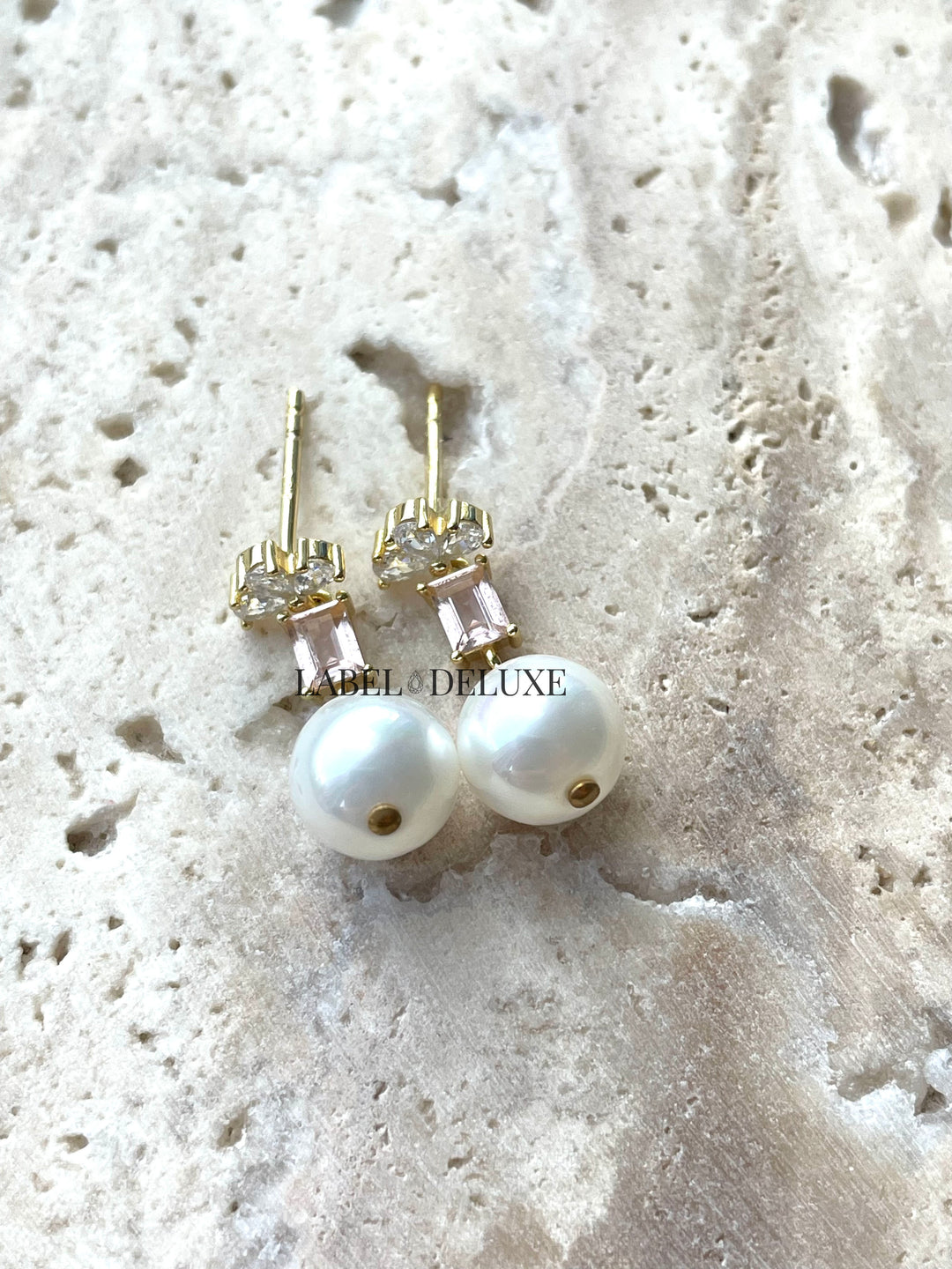 Karma Jewelry X198_SA - Symbols XL Bowie Zirconia Pearl Salmon - Oorbellen Dames - 925 Sterling Zilver - 14K Gouden Plating - Zalm - 20 MM