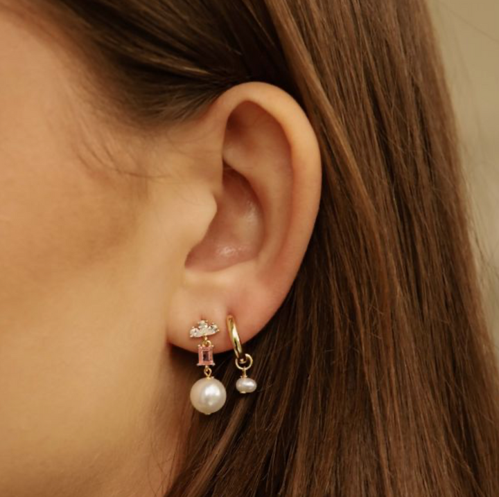 Karma Jewelry X198_SA - Symbols XL Bowie Zirconia Pearl Salmon - Oorbellen Dames - 925 Sterling Zilver - 14K Gouden Plating - Zalm - 20 MM