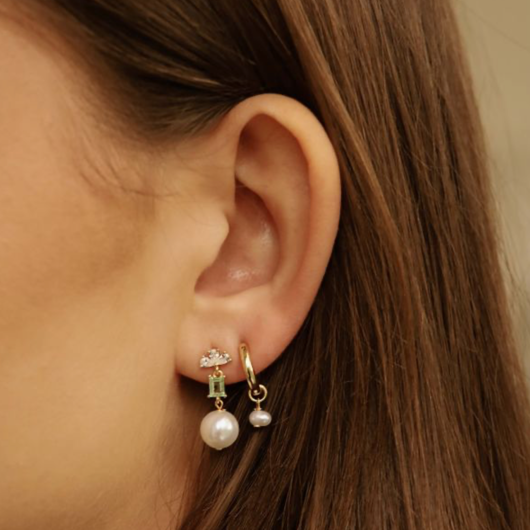 Karma Jewelry X198_G - Symbols XL Bowie Zirconia Pearl Green - Oorbellen Dames - 925 Sterling Zilver - 14K Gouden Plating - Groen - 20 MM