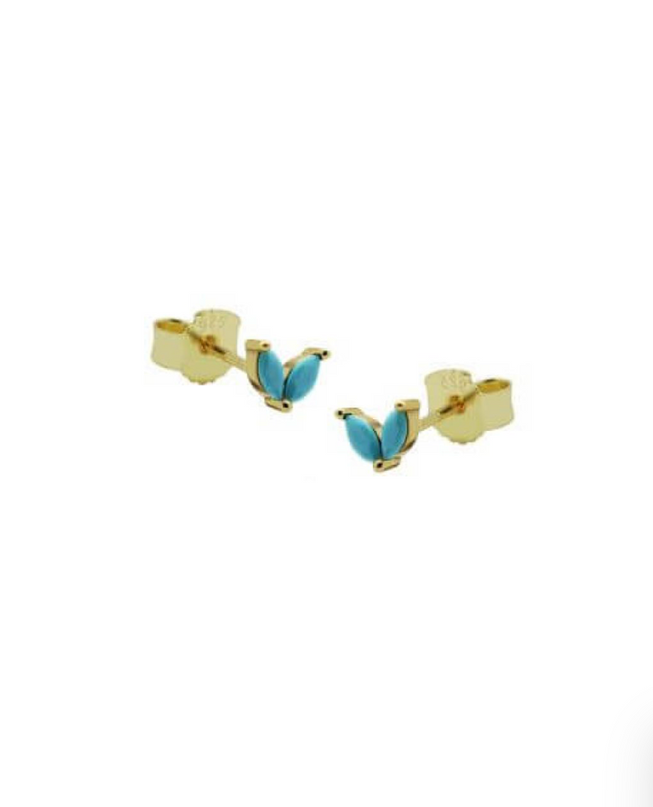 Karma Jewelry earrings R116GP_TQ - Dames Oorbellen - Tiny Double Leaves Turquoise Blue - Goud - 3 MM