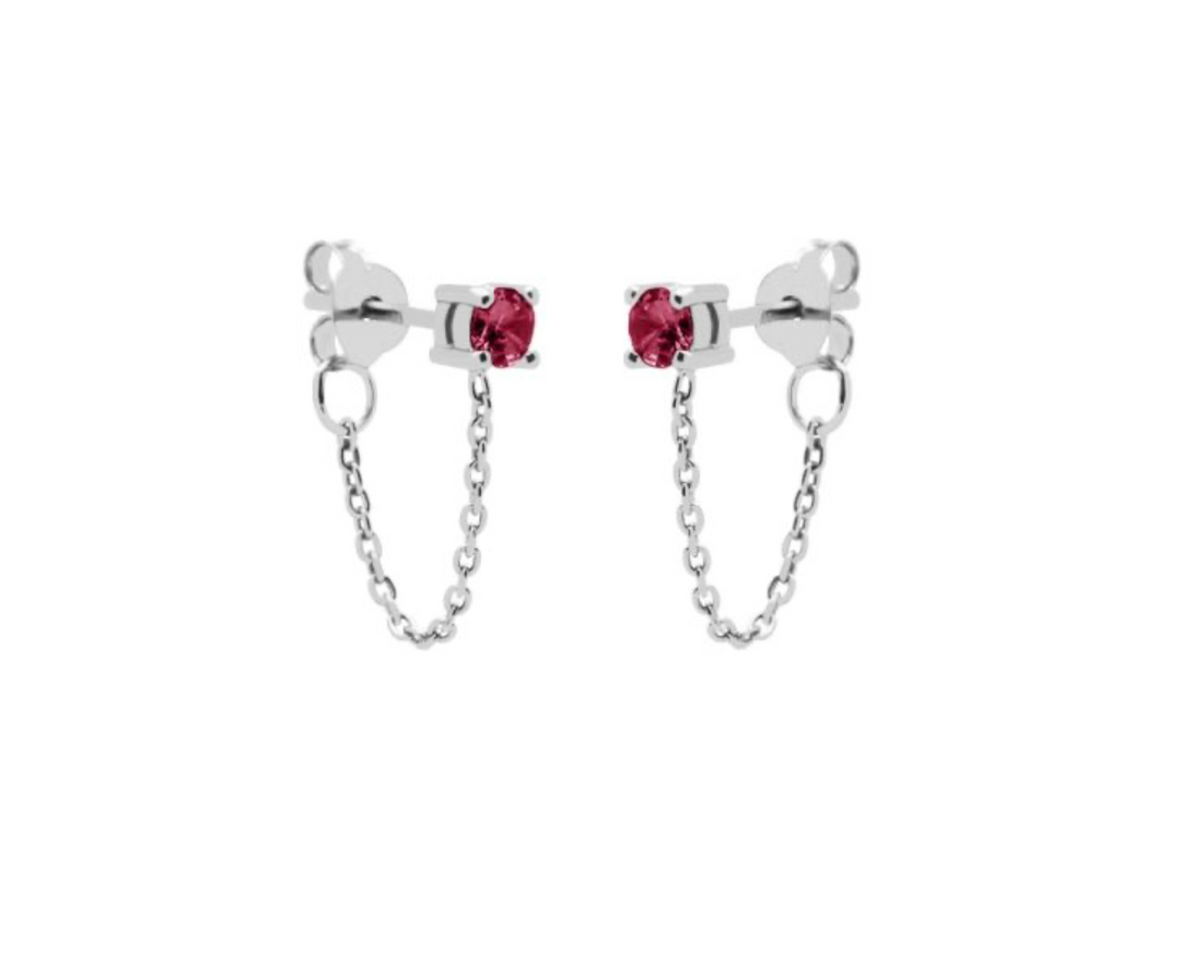 Karma Jewelry oorbellen C82S_RR - Dames Oorbellen - Chain Single Zirconia - Zilver Ruby Red