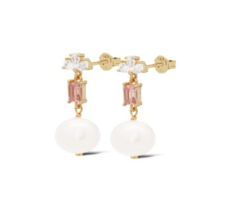 Karma Jewelry X198_SA - Symbols XL Bowie Zirconia Pearl Salmon - Oorbellen Dames - 925 Sterling Zilver - 14K Gouden Plating - Zalm - 20 MM