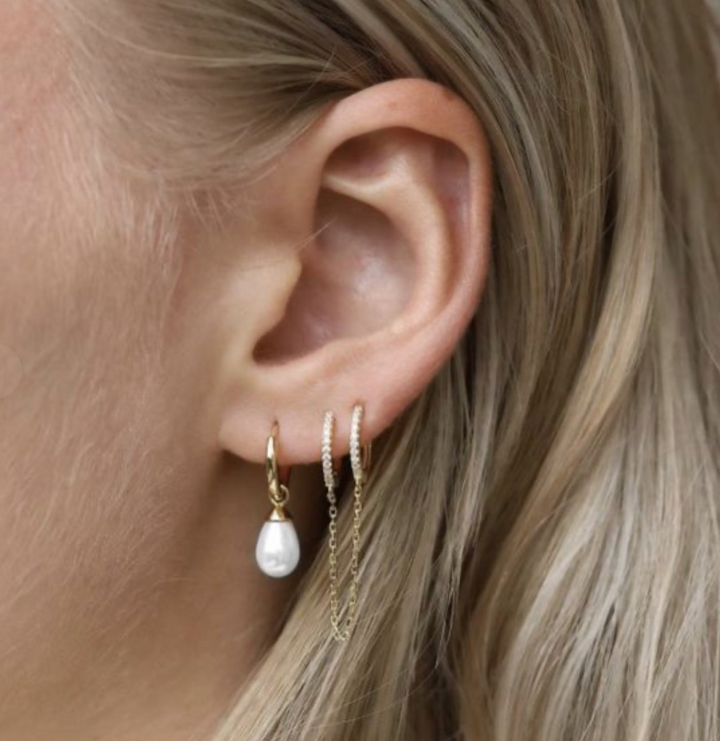 Karma Jewelry H203 - Oorringen Dames - Hoops Double In Chains Zirconia - 925 Sterling Zilver - 14K Gouden Plating - 12 mm