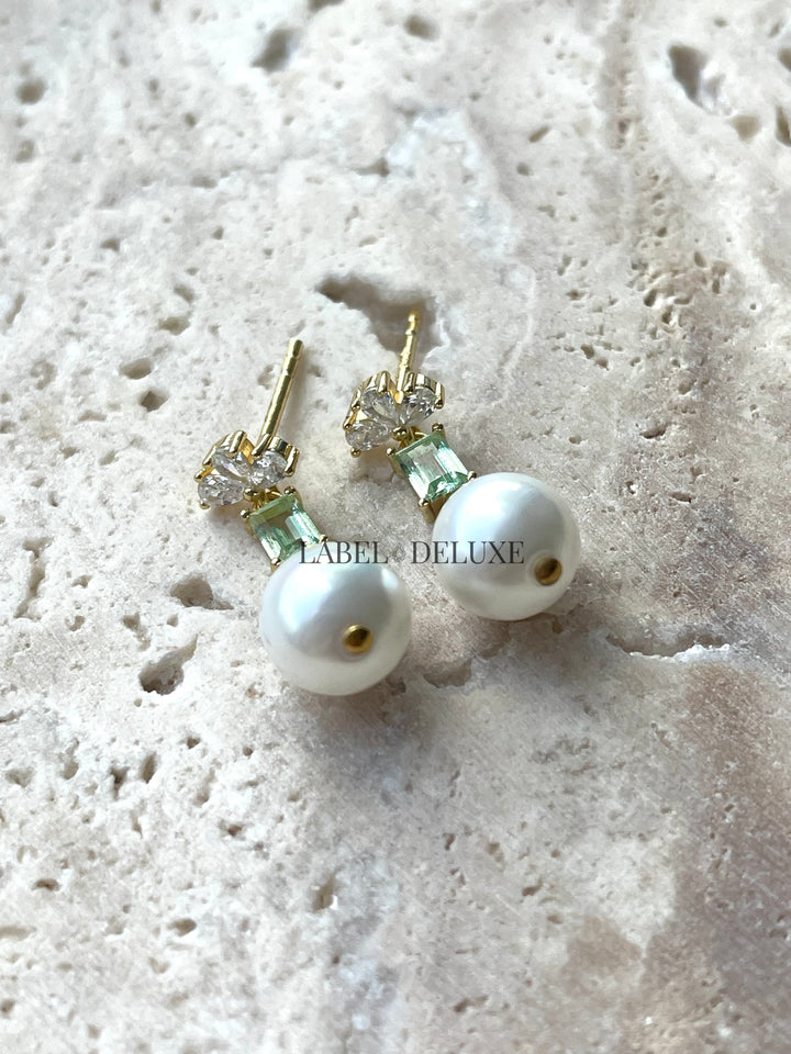 Karma Jewelry X198_G - Symbols XL Bowie Zirconia Pearl Green - Oorbellen Dames - 925 Sterling Zilver - 14K Gouden Plating - Groen - 20 MM