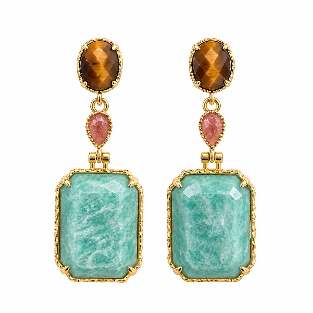 Label Deluxe Collection Earrings LDLEAR-amaztiger - Dames Oorbellen - Amazonite & Tigereye - Goud - 4 CM