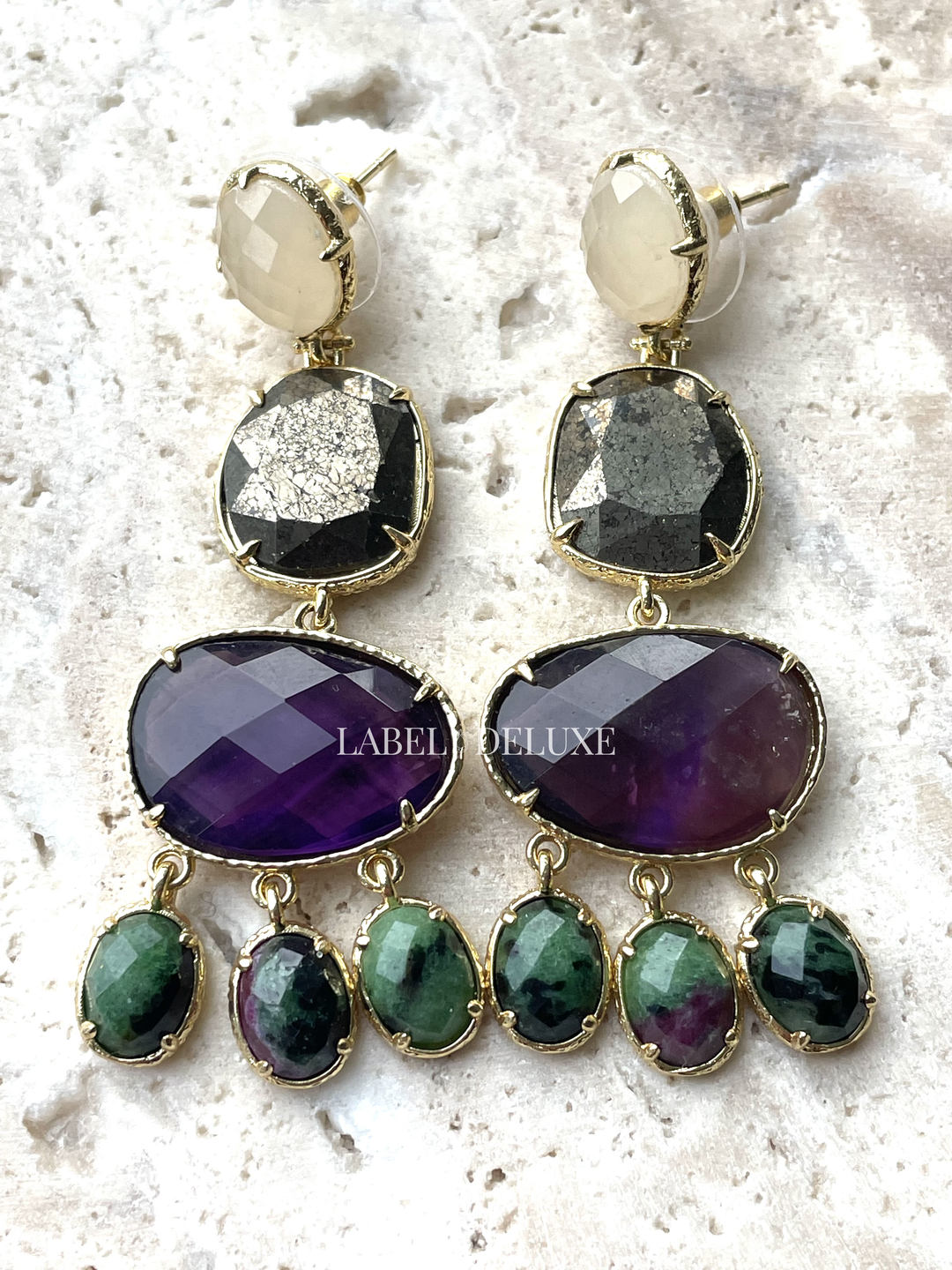 Label Deluxe Oorbellen LDLEARzoiama - Dames Oorbellen - Zoisiet & Amethist & Pyriet - Paars / Groen - 6 CM