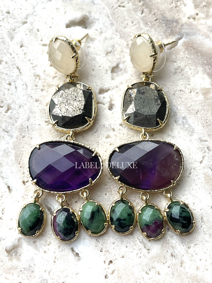 Label Deluxe Oorbellen LDLEARzoiama - Dames Oorbellen - Zoisiet & Amethist & Pyriet - Paars / Groen - 6 CM