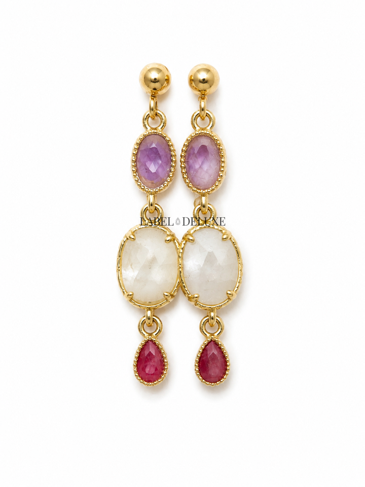 Label Deluxe Collection Earrings HP8270GEMS - Dames Oorbellen - Gemstones Amethist Bergkristal Rozenkwarts - Goud - 4 CM