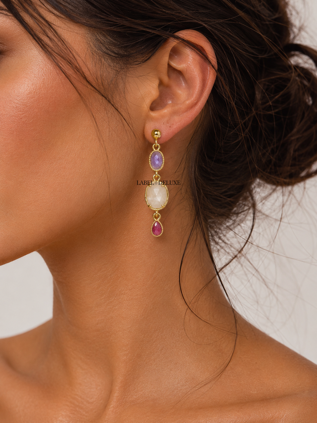 Label Deluxe Collection Earrings HP8270GEMS - Dames Oorbellen - Gemstones Amethist Bergkristal Rozenkwarts - Goud - 4 CM