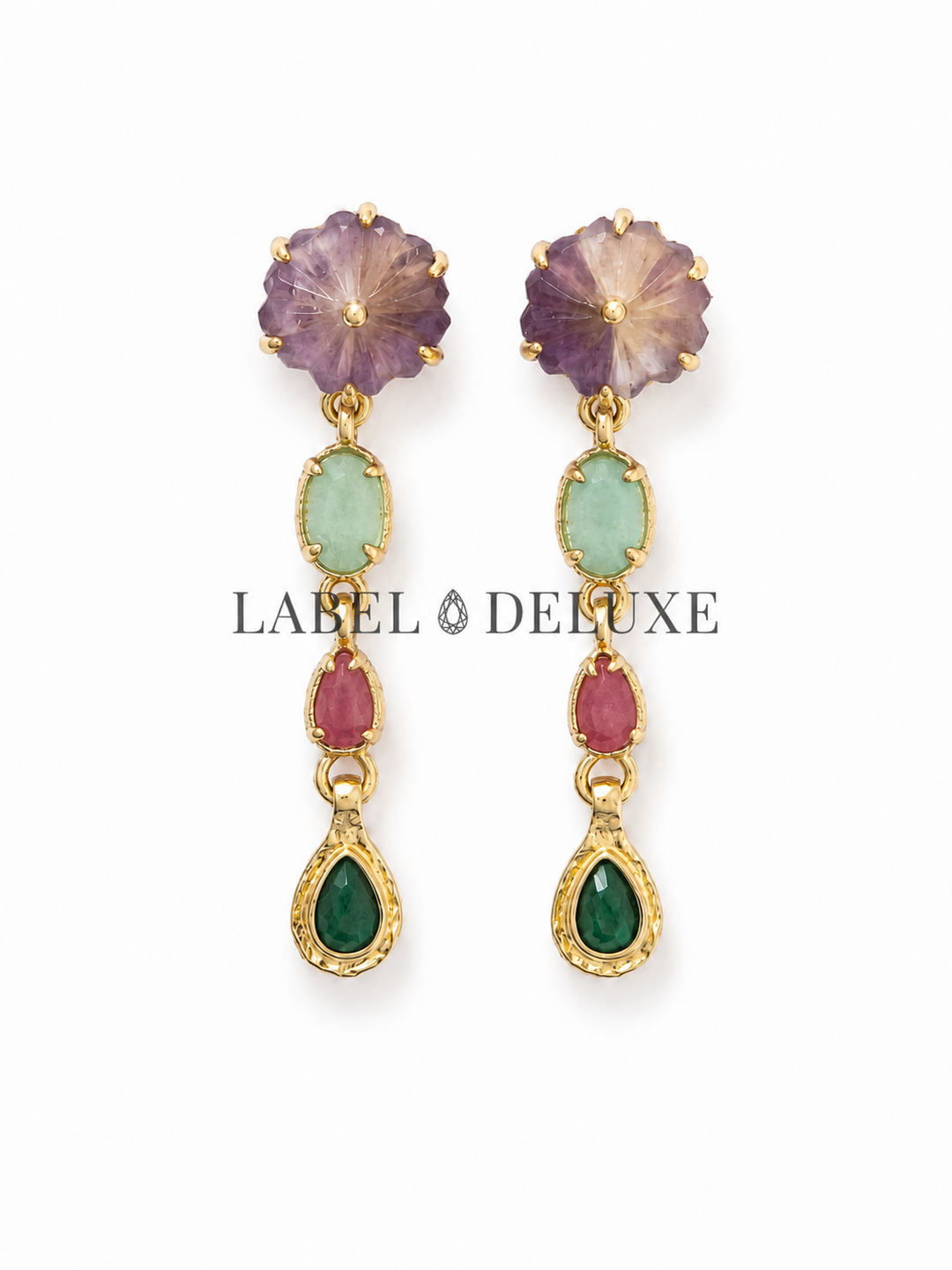 Label Deluxe Earrings HP1195EMS - Dames Oorbellen - Flower Fluorite Malachiet Aventurijn Rhodoniet - Goud - 4 CM